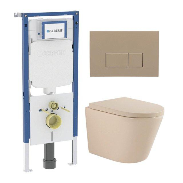 Geberit QeramiQ Dely Toiletset - 36.3x51.7cm - diepspoel - rimless -  UP720 inbouwreservoir - softclose toilet zitting 35 mm - bedieningsplaat taupe - rechthoekige knoppen - mat beige SW1000764/SW10007