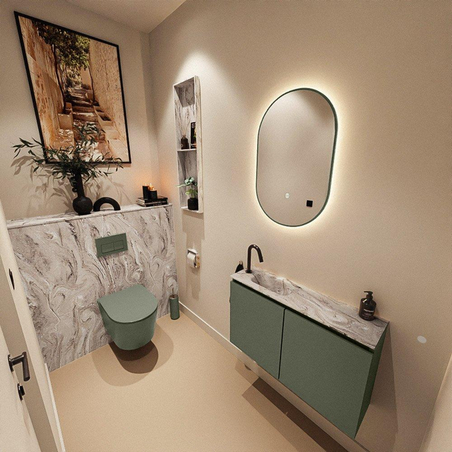 MONDIAZ TURE-DLUX 80cm toiletmeubel Army. EDEN wastafel Glace positie links. Met 1 kraangat. TUREDX80ARML1GLA