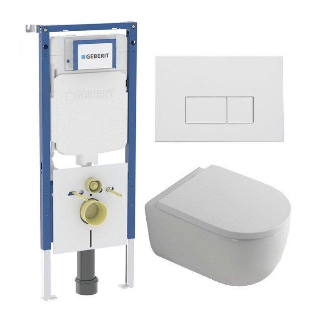 Geberit QeramiQ Dely Swirl Toiletset - 36.3x51.7cm -  UP720 Duofix Sigma inbouwreservoir - 35mm zitting - mat witte metalen bedieningsplaat - rechthoekige knoppen - wit glans SW1237202/SW706191/SW10007