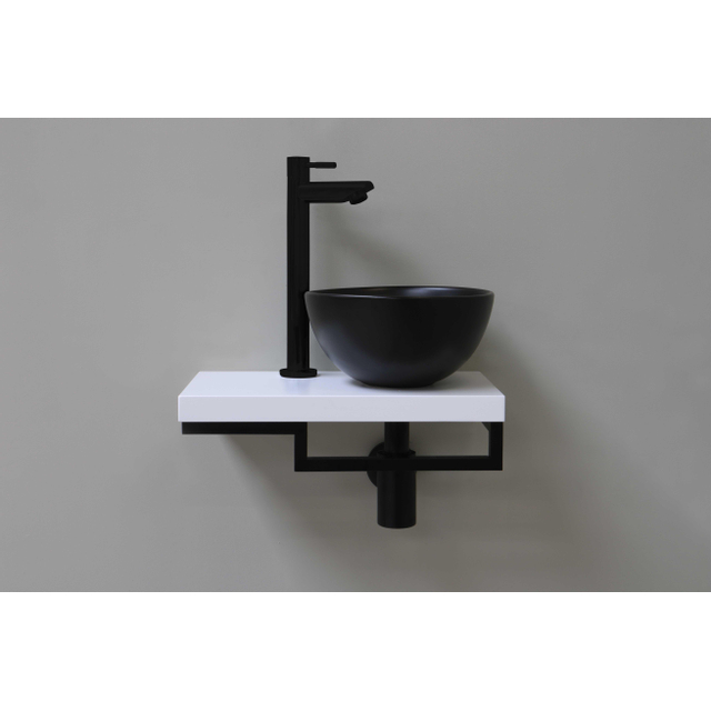 Proline fonteinset compleet met keramieken waskom mat zwart rechts, wit blad, kraan, sifon en afvoer