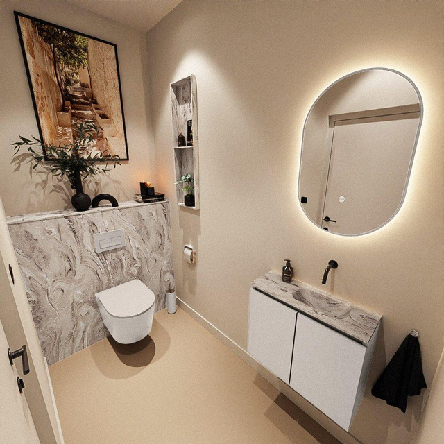 MONDIAZ TURE-DLUX 60cm toiletmeubel Linen. EDEN wastafel Glace positie rechts. Zonder kraangat. TUREDX60LINR0GLA