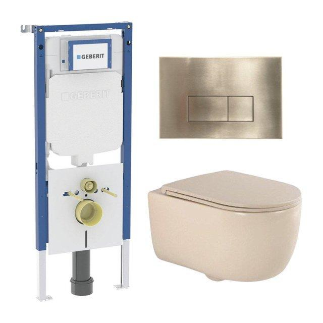 Geberit QeramiQ Dely Swirl Toiletset - 36.3x51.7cm -  UP720 Duofix Sigma inbouwreservoir - slim zitting - geborsteld messing bedieningsplaat - rechthoekige knoppen - beige SW1237202/SW706201/SW1000770/