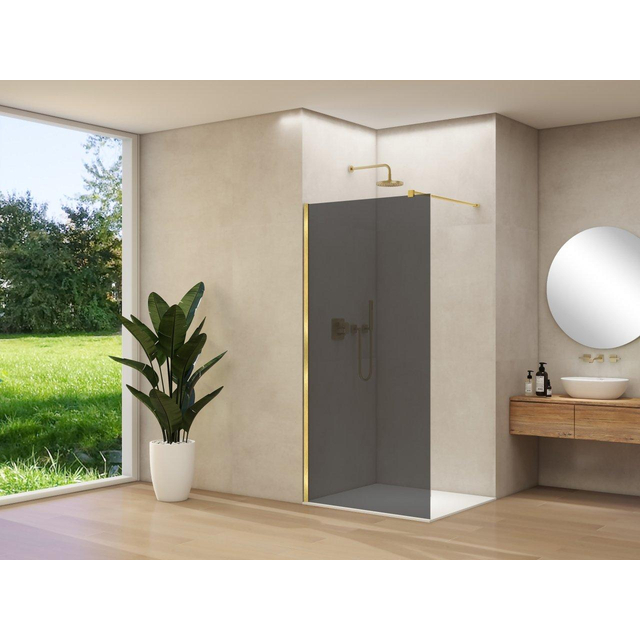 Van Rijn Products ST01 vaste wand - 98x200cm - grijs rookglas - - dikte 8mm - stabilisatiestang - muurprofiel - Messing Geborsteld ST01500100GRSBM