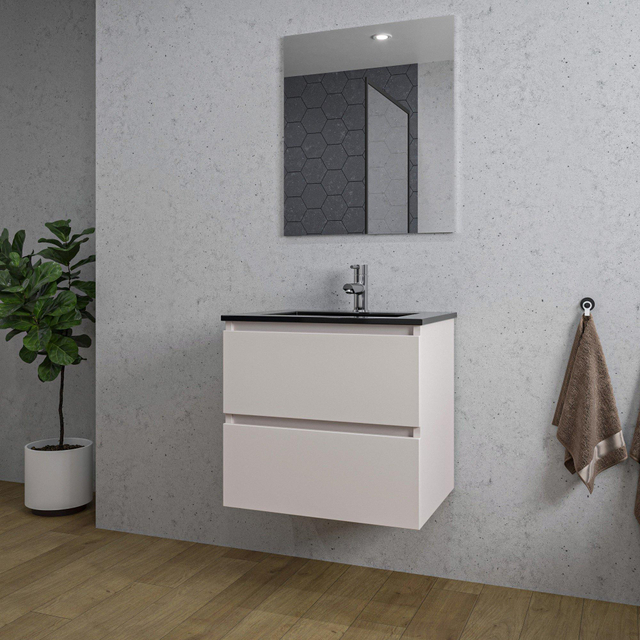 Adema Chaci Badkamermeubelset - 60x46x57cm - 1 keramische wasbak zwart - 1 kraangat - 2 lades - rechthoekige spiegel - mat cotton (beige) SW1212761/SW761654/SW724610