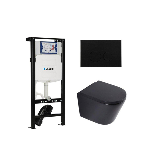 QeramiQ Dely Toiletset - 36.3x51.7cm - diepspoel - rimless - Geberit UP320 plieger inbouwreservoir - softclose toilet zitting 35 mm - kunststof mat zwarte bedieningsplaat - ronde knoppen - mat zwart SW1026253/SW1000769/SW1381697/SW706188