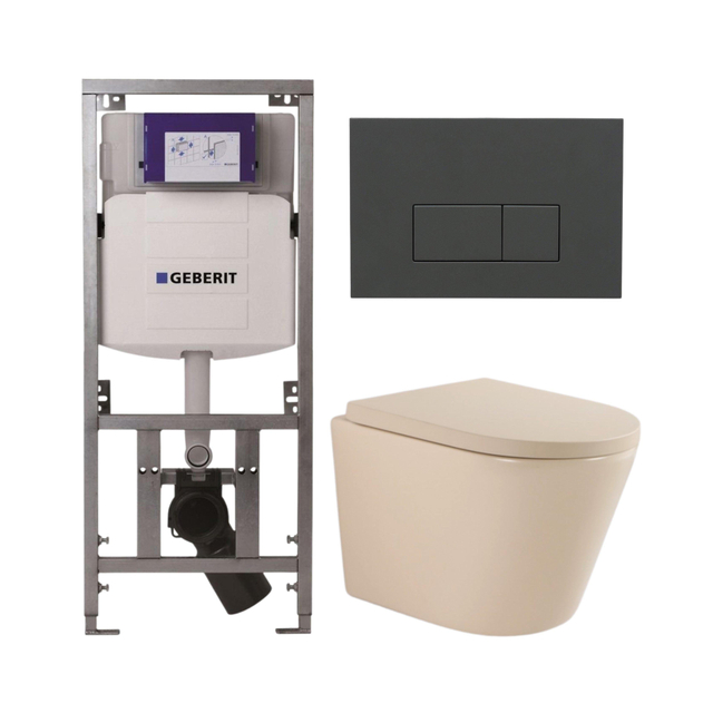 QeramiQ Dely Toiletset - 36.3x51.7cm - diepspoel - rimless - Geberit UP320 inbouwreservoir - softclose toilet zitting 35 mm - bedieningsplaat antraciet mat - rechthoekige knoppen - mat beige SW1000764/SW1000771/0701131/SW1102377