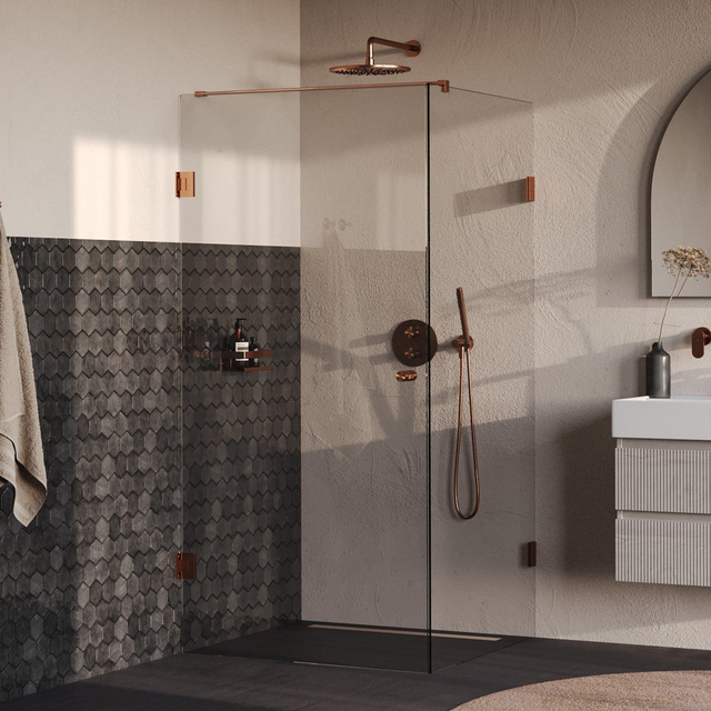 Brauer Void Carving Douchecabine - 100x100x200cm - draaideur - glascoating - omkeerbaar - helder glas - geborsteld koper PVD GS-VOCC1H100100200GK