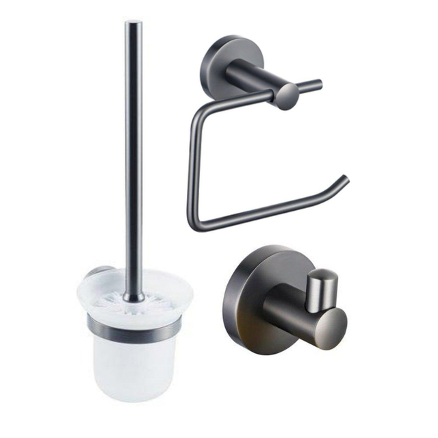 Fortifura Calvi Toiletset - toiletrolhouder met klep- toiletborstel - handoekhaak - geborsteld gunmetal PVD SW1183147/SW721175/SW721173