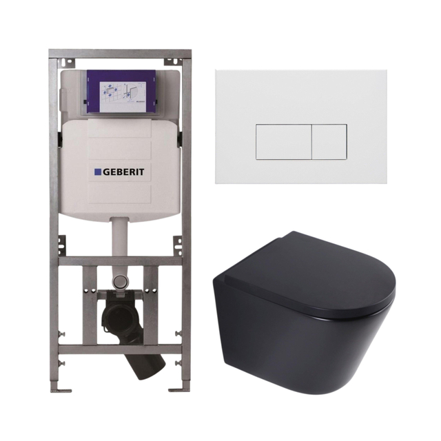 QeramiQ Dely Toiletset - 36.3x51.7cm - diepspoel - rimless - Geberit UP320 inbouwreservoir - softclose toilet zitting 35 mm - mat witte bedieningsplaat - rechthoekige knoppen - mat zwart SW1026253/SW1000769/0701131/SW706191