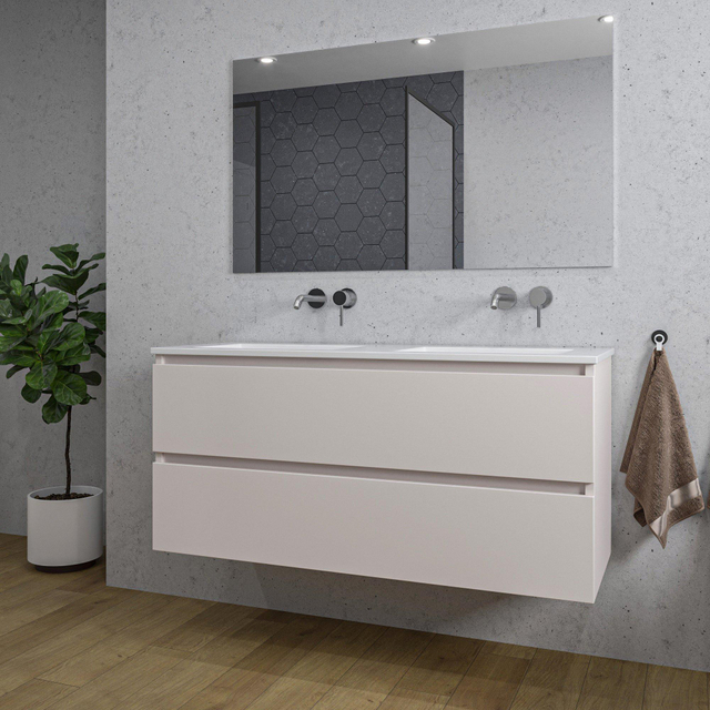 Adema Chaci Badkamermeubelset - 120x46x57cm - 2 keramische wasbakken wit - zonder kraangaten - 2 lades - rechthoekige spiegel - mat cotton (beige) SW1212783/SW773928/SW724613