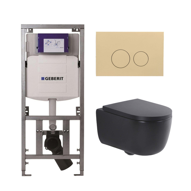 QeramiQ Dely Swirl Toiletset - 36.3x51.7cm - Geberit UP320 Burda inbouwreservoir - slim zitting - bedieningsplaat beige - ronde knoppen - mat zwart 0701131/SW1102365/SW1000768/SW1026258