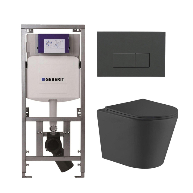 Geberit QeramiQ Dely Toiletset - 36.3x51.7cm - diepspoel - rimless -  UP320 inbouwreservoir - met Burda frame - softclose toiletzitting - bedieningsplaat antraciet mat - rechtehoekige knoppen - mat zwa