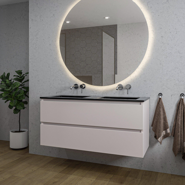 Adema Chaci Badkamermeubelset - 120x46x57cm - 2 keramische wasbakken zwart - zonder kraangaten - 2 lades - ronde spiegel met verlichting - mat cotton (beige) SW1212783/SW773933/SW161923