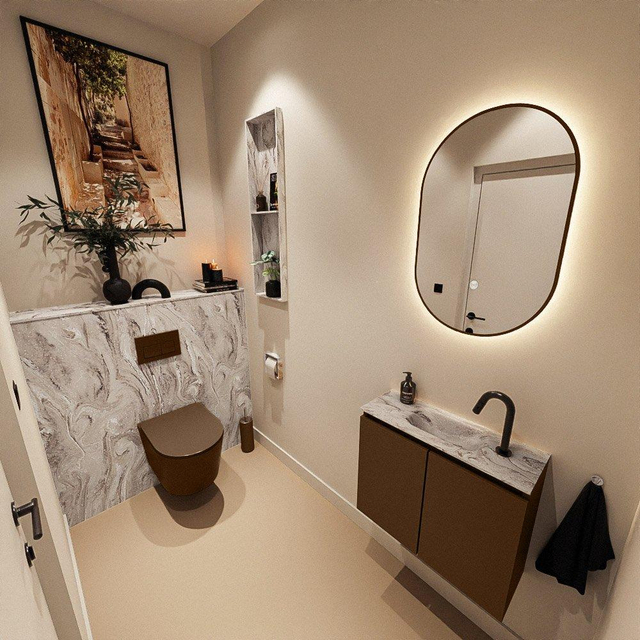 MONDIAZ TURE-DLUX 60cm toiletmeubel Rust. EDEN wastafel Glace positie midden. Met 1 kraangat. TUREDX60RUSM1GLA