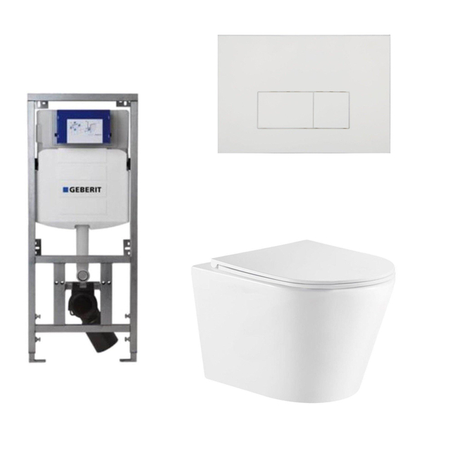 Geberit QeramiQ Dely Toiletset - 36.3x51.7cm - diepspoel - rimless -  UP320 inbouwreservoir - met Burda frame - softclose toiletzitting - glans witte bedieningsplaat - rechthoekige knoppen - wit mat SW