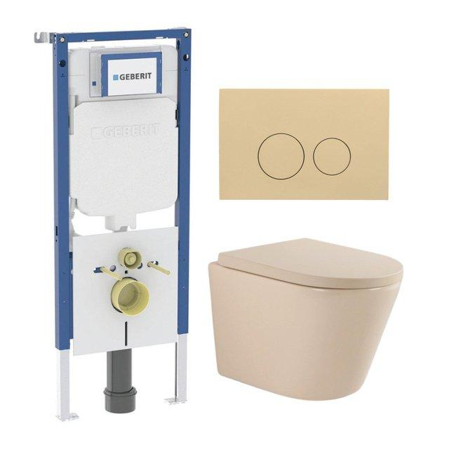 Geberit QeramiQ Dely Toiletset - 36.3x51.7cm - diepspoel - rimless -  UP720 inbouwreservoir - softclose toilet zitting 35 mm - bedieningsplaat beige - ronde knoppen - mat beige SW1000764/SW1000771/SW12