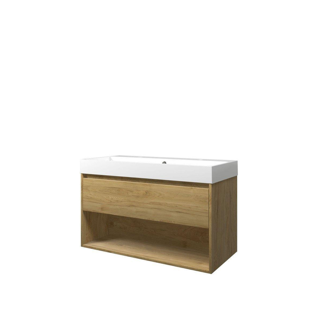 Proline Loft badkamermeubelset - 100x46x62cm - polystone Loft wastafel - 2 kraangaten - met schap - MFC Ideal oak/Glans wit 1816702