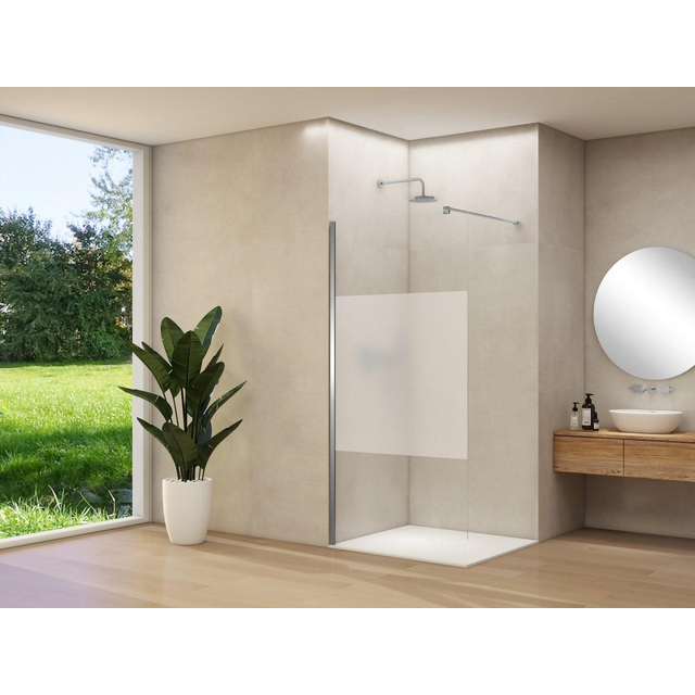 Van Rijn Products ST01 vaste wand - 118x200cm - helder glas met satijnbaan - - dikte 8mm - stabilisatiestang - muurprofiel - Wit ST01500120GSWTM