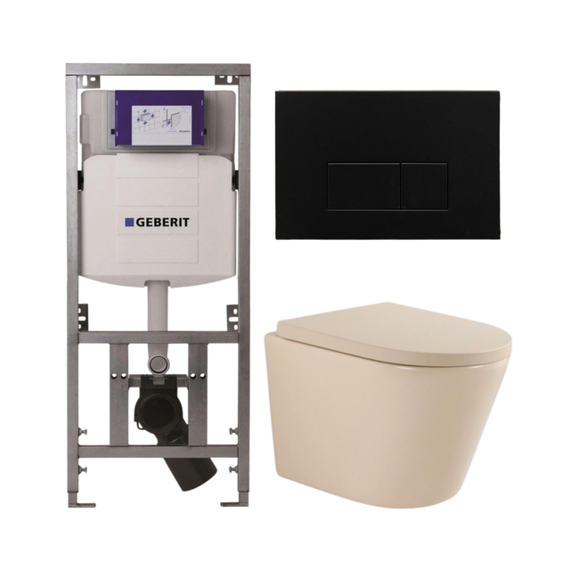 QeramiQ Dely Toiletset - 36.3x51.7cm - diepspoel - rimless - Geberit UP320 inbouwreservoir - softclose toilet zitting 35 mm - metaal mat zwart bedieningsplaat - rechthoekige knoppen - mat beige SW1000764/SW1000771/0701131/SW706193