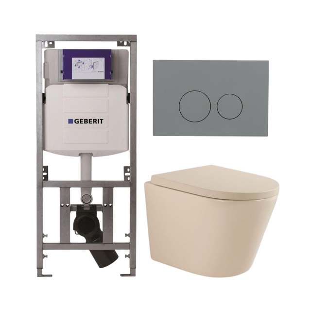 QeramiQ Dely Toiletset - 36.3x51.7cm - diepspoel - rimless - Geberit UP320 inbouwreservoir - softclose toilet zitting 35 mm - bedieningsplaat licht grijs - ronde knoppen - mat beige SW1000764/SW1000771/0701131/SW1102374