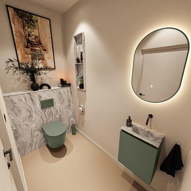 MONDIAZ TURE-DLUX 40cm toiletmeubel Army. EDEN wastafel Glace positie rechts. Zonder kraangat. TUREDX40ARMR0GLA