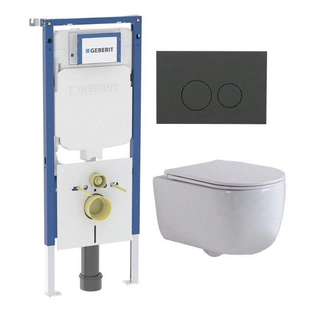 Geberit QeramiQ Dely Swirl Toiletset - 36.3x51.7cm -  UP720 Duofix Sigma inbouwreservoir - slim zitting - bedieningsplaat mat antraciet - ronde knoppen - wit glans SW1237202/SW1102376/SW1000766/SW10262