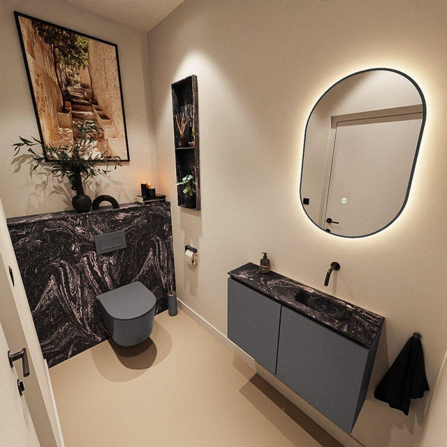 MONDIAZ TURE-DLUX 80cm toiletmeubel Dark Grey. EDEN wastafel Lava positie rechts. Zonder kraangat. TUREDX80DGRR0LAV