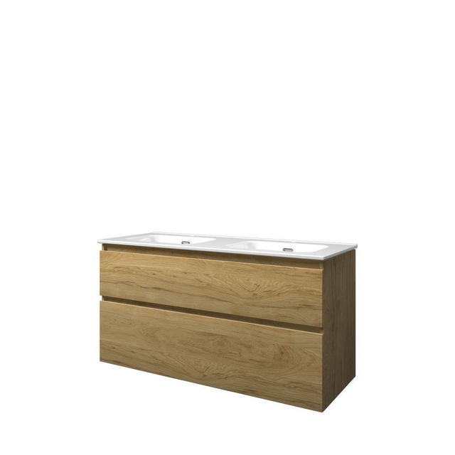 Goedkoopste Proline Elegant badkamermeubelset - 120x46x62cm - porselein Elegant wastafel - dubbel - 2 kraangaten - a symmetrisch - MFC Ideal oak Glans wit 1815272