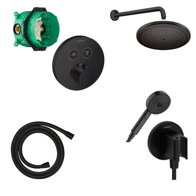 Hansgrohe Showerselect Doucheset - inbouwdeel - doucheslang - thermostaat - hoofddouche - douchearm - handdouche - handdouchehouder - mat zwart 457051/SW297293/SW451569/SW528789/SW492798/SW65106