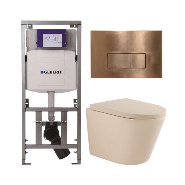 QeramiQ Dely Toiletset - 36.3x51.7cm - diepspoel - rimless - Geberit UP320 inbouwreservoir - softclose toilet zitting 35 mm - koperen bedieningsplaat - rechthoekige knoppen - mat beige SW1000764/SW1000771/0701131/SW706197