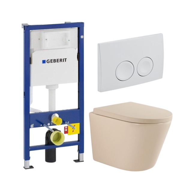 QeramiQ Dely Toiletset - Geberit UP100 inbouwreservoir - witte bedieningsplaat - softclose toilet zitting 35 mm - mat beige SW1000764/SW1000771/SW730486/0701174