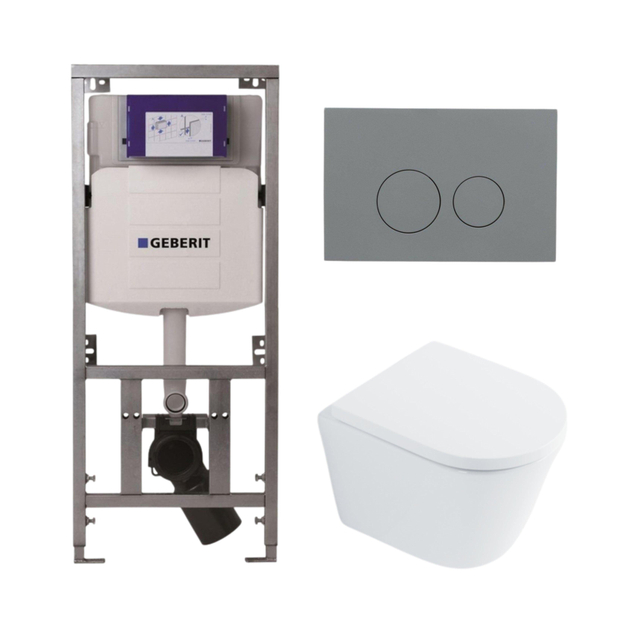 QeramiQ Dely Toiletset - 36.3x51.7cm - diepspoel - rimless - Geberit UP320 inbouwreservoir - softclose toilet zitting 35 mm - bedieningsplaat licht grijs - ronde knoppen - wit glans SW1026255 / SW1159505/0701131/SW1102374