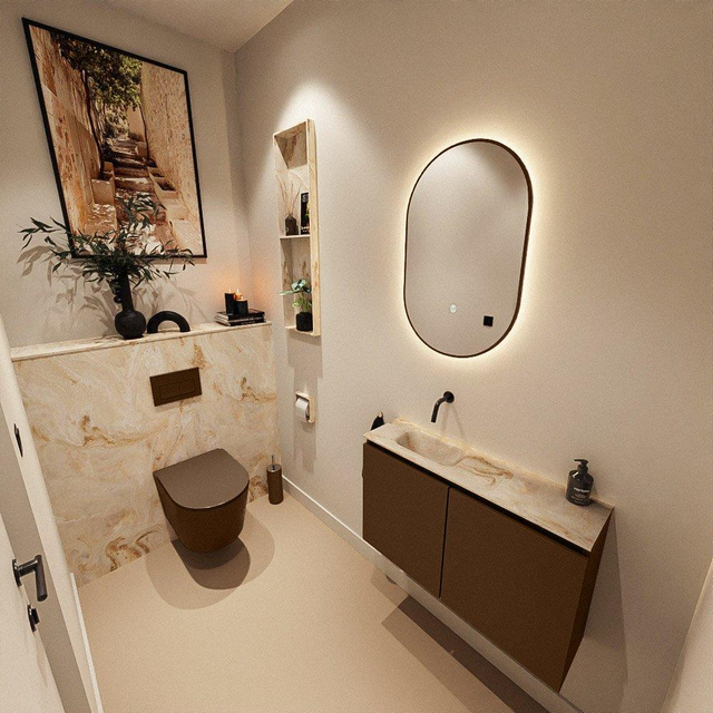 MONDIAZ TURE-DLUX 80cm toiletmeubel Rust. EDEN wastafel Frappe positie links. Zonder kraangat. TUREDX80RUSL0FRA