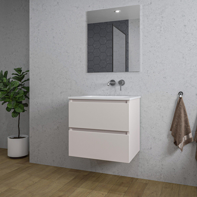 Adema Chaci Badkamermeubelset - 60x46x57cm - 1 keramische wasbak wit - zonder kraangaten - 2 lades - rechthoekige spiegel - mat cotton (beige) SW1212761/SW773925/SW724610