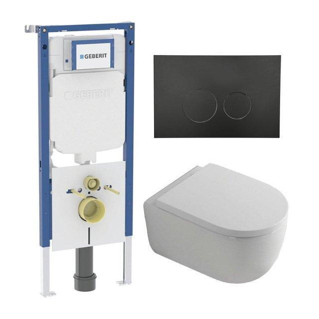 Geberit QeramiQ Dely Swirl Toiletset - 36.3x51.7cm -  UP720 Duofix Sigma inbouwreservoir - 35mm zitting - mat zwarte bedieningsplaat - ronde knoppen - wit glans SW1237202/SW706188/SW1000767/SW1026256
