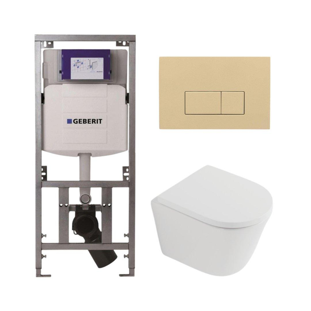 QeramiQ Dely Toiletset - 36.3x51.7cm - diepspoel - rimless - Geberit UP320 inbouwreservoir - softclose toilet zitting 35 mm - bedieningsplaat beige - rechthoekige knoppen - mat wit SW1026254/SW1000767/0701131/SW1102366