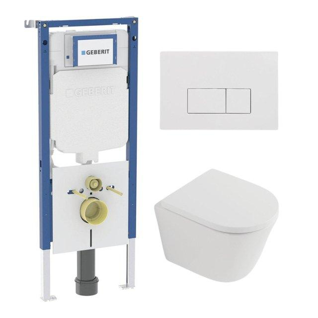 Geberit QeramiQ Dely Toiletset - 36.3x51.7cm - diepspoel - rimless -  UP720 inbouwreservoir - softclose toilet zitting 35 mm - glans witte bedieningsplaat - rechthoekige knoppen - mat wit SW1026254/SW1