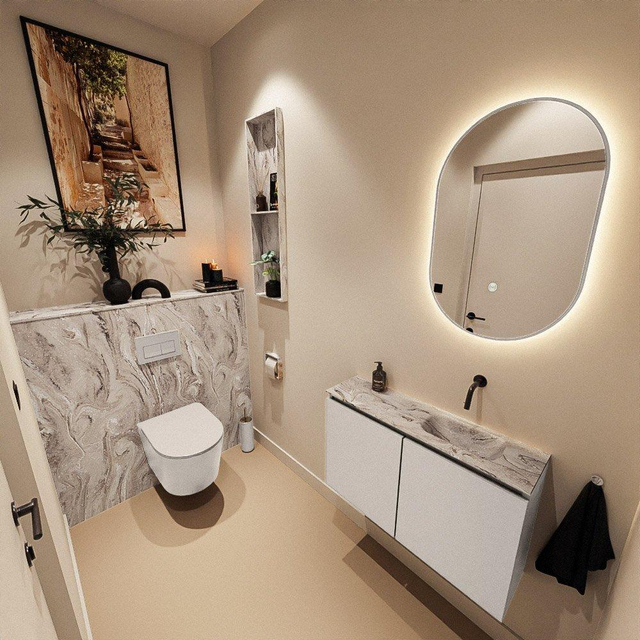 MONDIAZ TURE-DLUX 80cm toiletmeubel Linen. EDEN wastafel Glace positie rechts. Zonder kraangat. TUREDX80LINR0GLA