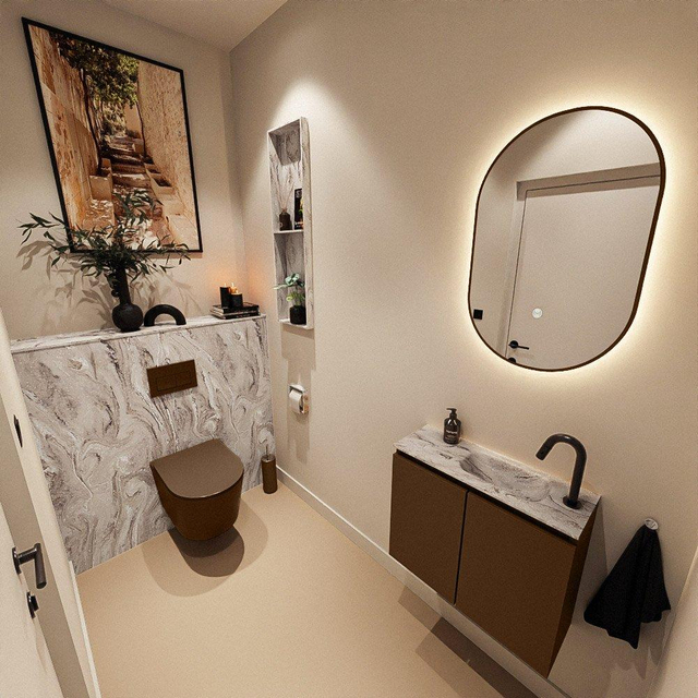 MONDIAZ TURE-DLUX 60cm toiletmeubel Rust. EDEN wastafel Glace positie rechts. Met 1 kraangat. TUREDX60RUSR1GLA