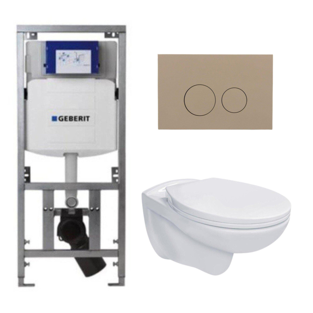 Geberit Adema Classico toiletset bestaande uit inbouwreservoir en toiletpot, basic toiletzitting - bedieningsplaat taupe - ronde knoppen - wit SW1152613/SW1102378/0701131