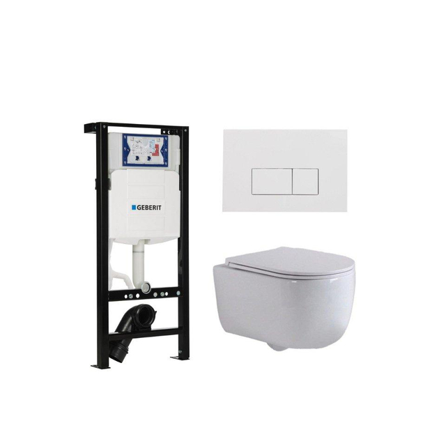 QeramiQ Dely Swirl Toiletset - 36.3x51.7cm - Geberit UP320 plieger inbouwreservoir - slimzitting - glans witte bedieningsplaat - rechthoekige knoppen - wit mat SW1381697/SW706187/SW1000766/SW1026257