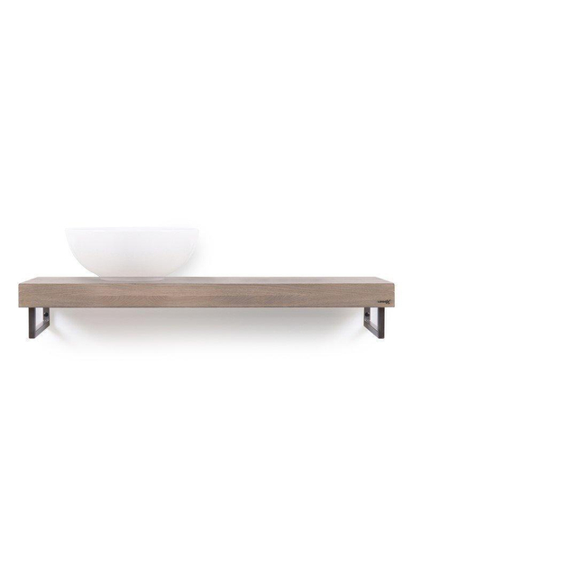 Looox Wood collection Solo wastafelblad - 100x46cm - Met handdoekhouder RVS geborsteld - Massief eiken Old grey wbsolo100rvs
