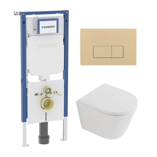 Geberit QeramiQ Dely Toiletset - 36.3x51.7cm - diepspoel - rimless -  UP720 inbouwreservoir - softclose toilet zitting 35 mm - bedieningsplaat beige - rechthoekige knoppen - mat wit SW1026254/SW1000767