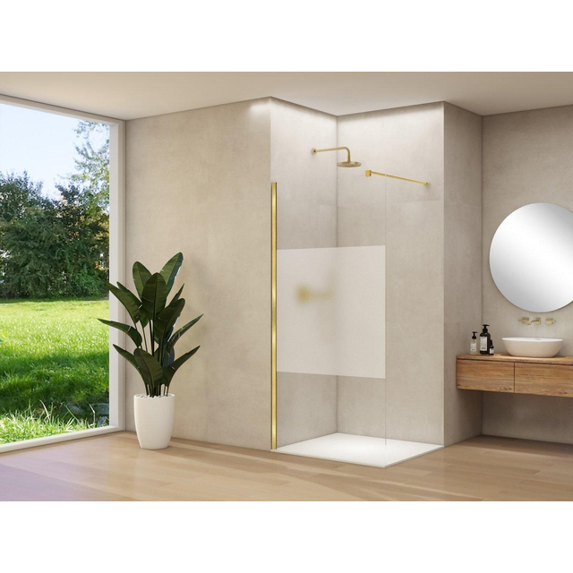 Van Rijn Products ST01 vaste wand - 108x200cm - helder glas met satijnbaan - - dikte 8mm - stabilisatiestang - muurprofiel - Messing Geborsteld ST01500110GSSBM