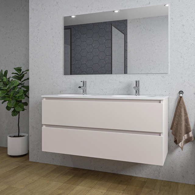 Adema Chaci Badkamermeubelset - 120x46x57cm - 2 ovale keramische wasbakken wit - 2 kraangaten - 2 lades - rechthoekige spiegel - mat cotton (beige) SW718719/SW724613/SW1212783