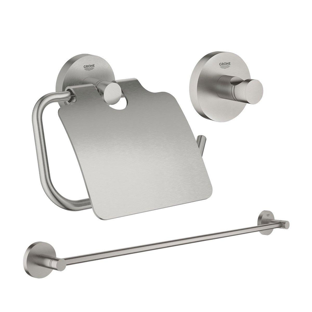 GROHE Essentials accessoireset 3-delig met handdoekhouder, handdoekhaak en toiletrolhouder met klep super steel sw97637/sw97640/sw97647/