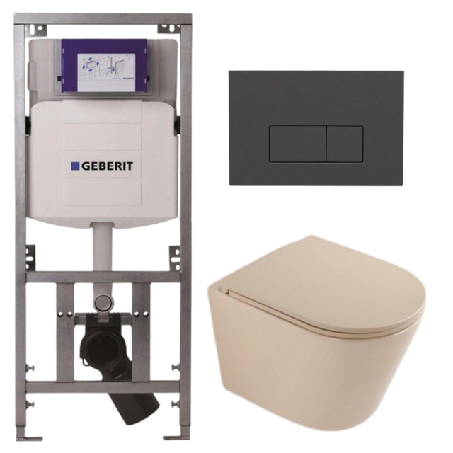 QeramiQ Dely Toiletset - 36.3x51.7cm - diepspoel - rimless - Geberit UP320 inbouwreservoir - softclose toilet zitting - bedieningsplaat antraciet mat - rechthoekige knoppen - mat beige SW1000764/SW1000770/0701131/SW1102377