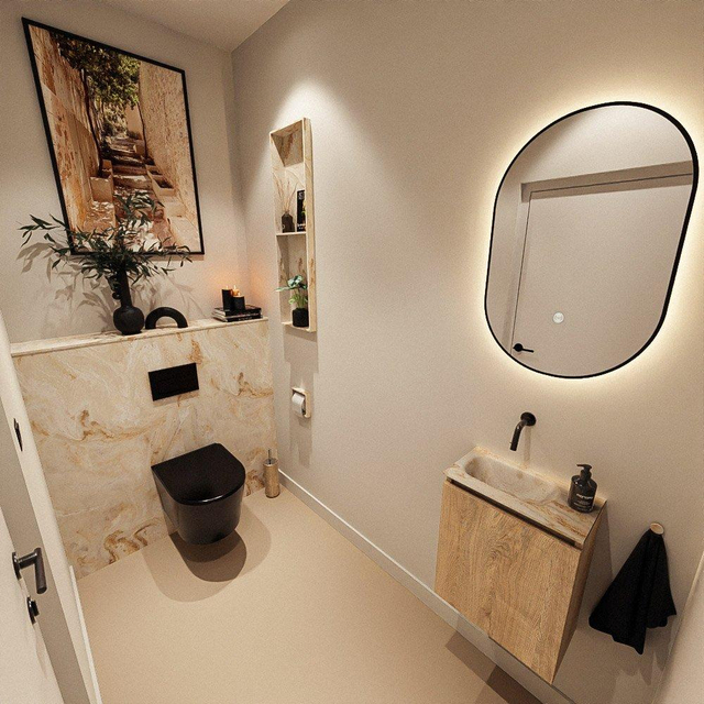 MONDIAZ TURE-DLUX 40cm toiletmeubel Washed Oak. EDEN wastafel Frappe positie links. Zonder kraangat. TUREDX40WASL0FRA