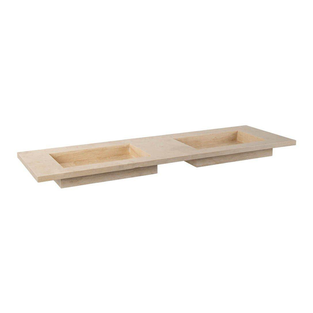 Forzalaqua Nova wastafel 140.5x51.5x9.5cm Rechthoek 2 kraangaten 2 wasbakken Natuursteen Travertin gezoet 100395
