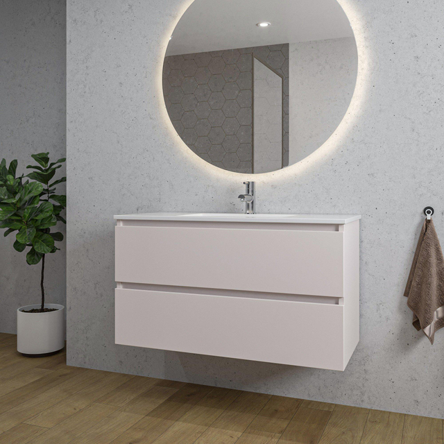 Adema Chaci Badkamermeubelset - 100x46x57cm - 1 keramische wasbak wit - 1 kraangat - 2 lades - ronde spiegel met verlichting - mat cotton (beige) SW1212775/SW804532/SW161922